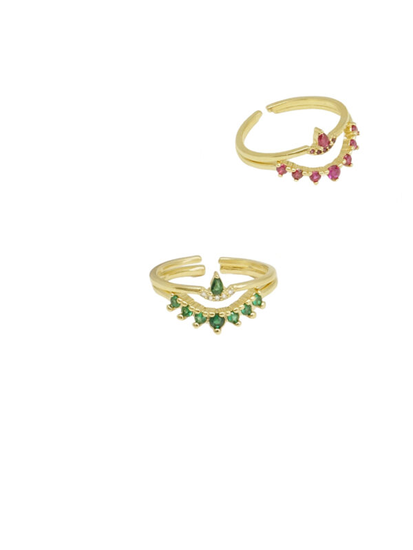 טבעות ציפוי זהב משובצות ורוד ירוק, טבעת ירוקה לאישה, טבעת ורודה לאישה, טבעת צבעוני לאישה, טבעת כפולה לאישה,