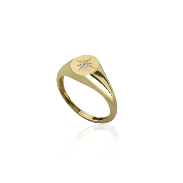טבעת זהב 14 קראט כוכב ויהלום קטן, טבעת חותם עם יהלום, טבעת זהב עם יהלום,